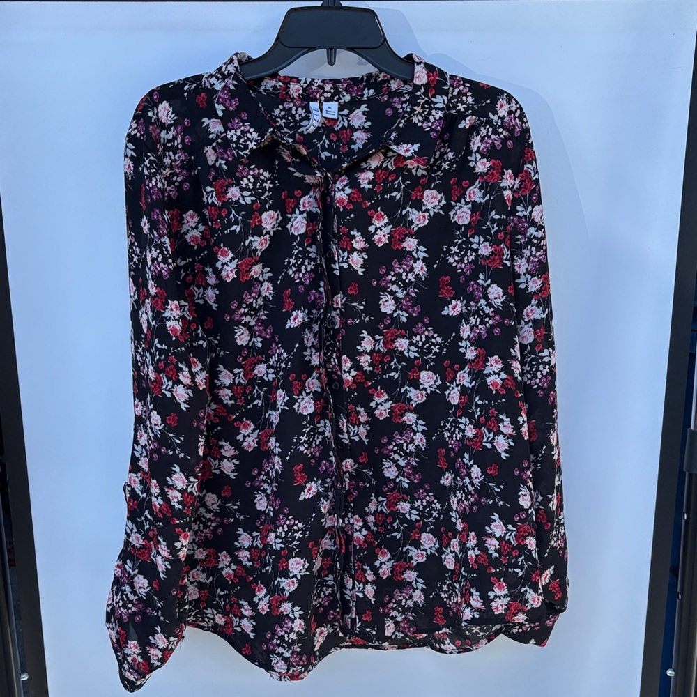Elle Black Floral Tie-Neck Blouse with Pink and Red Blossoms